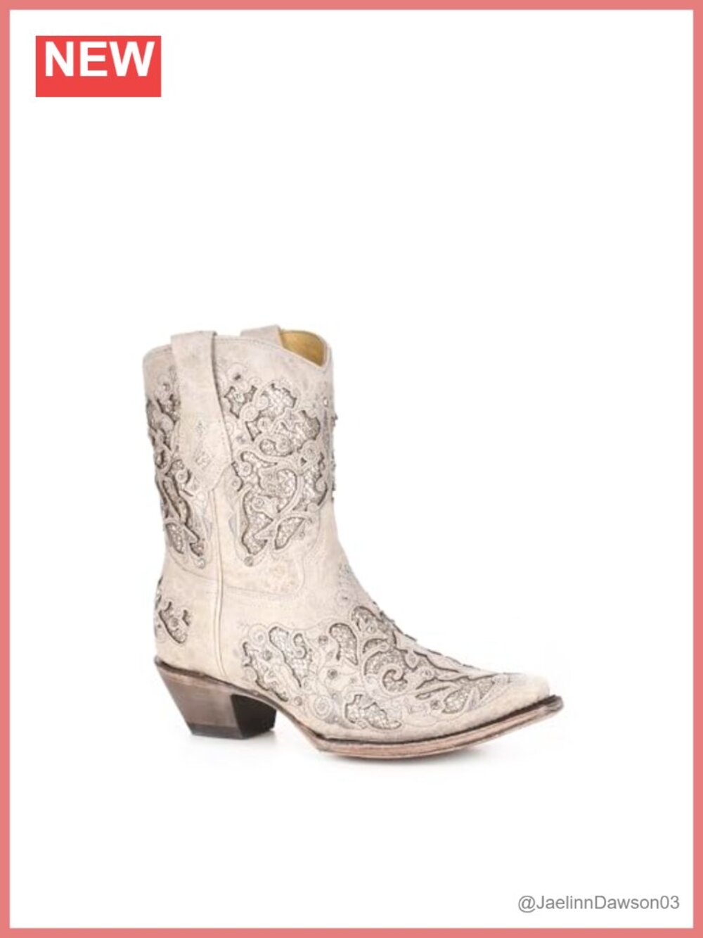 White Leather Western Snip Toe Bootie with Crystal Embellishments, Pull-On